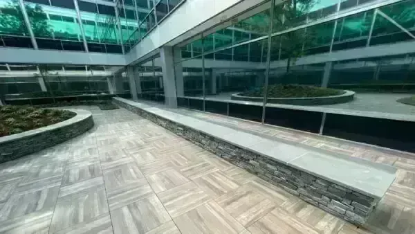 SkyWalk Canyonwood Brown 2cm Porcelain Pavers on SkyJack Pedestals Rooftop Terrace at Cigna Healthcare Headquarters